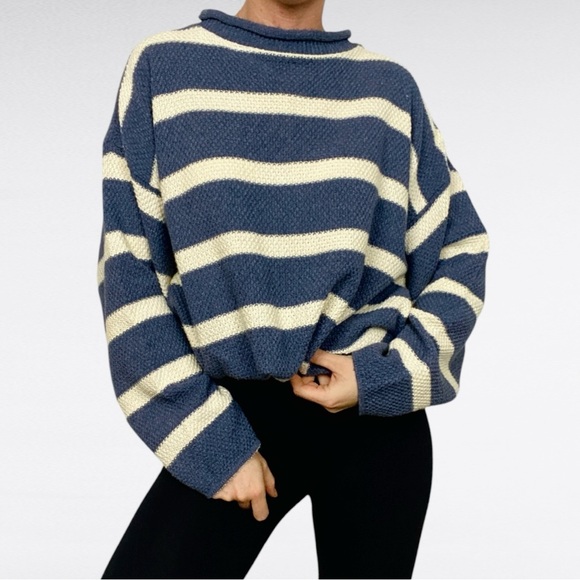 FIORI Find Better | Blue Oatmeal White Striped Oversized Drop Sleeve Dad Sweater - Picture 1 of 6
